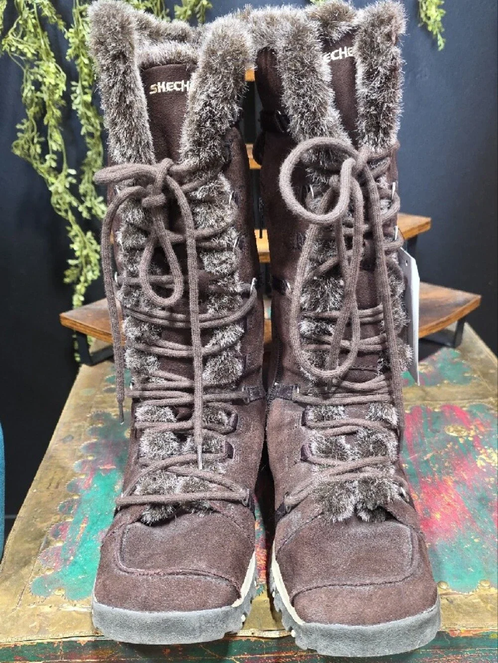 Skechers Women's Dark Brown Suede & Faux Fur-Lined Lace-Up Winter Boots